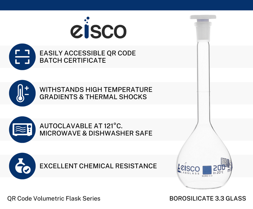 Volumetric Flask, 200mL - Class A - Borosilicate Glass, Polyethylene Stopper, 14/23 Socket - QR Code Marking for Calibration Certificate