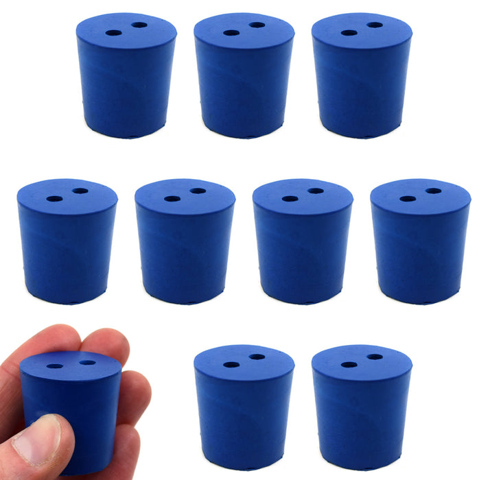 Neoprene Stoppers, 2 Holes - Blue - Size: 25mm Bottom, 28mm Top, 28mm Length - Pack of 10