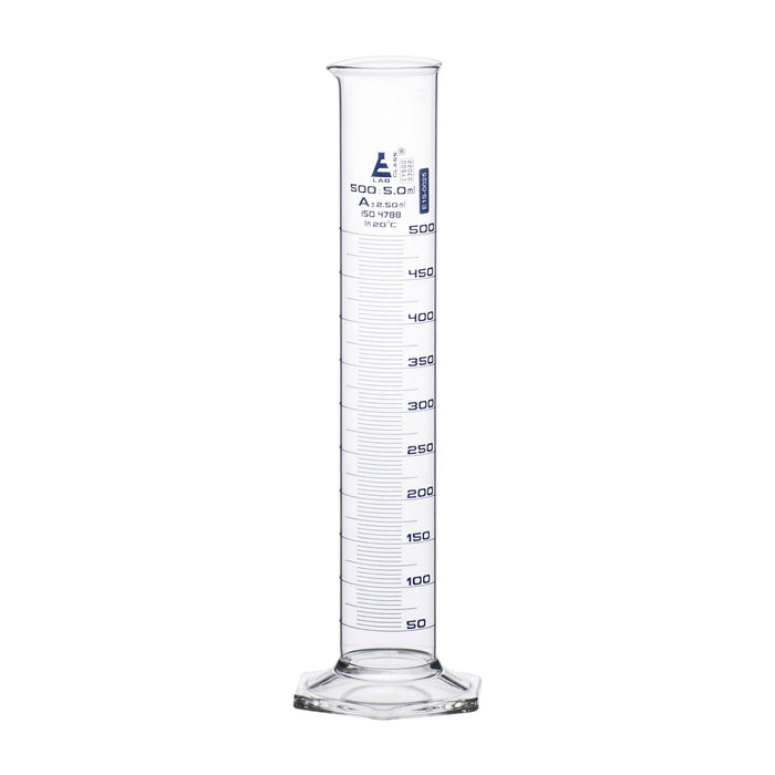 Graduated Cylinder, 500mL - Class A (Includes Calibration Certificate) - Hexagonal Base - Blue Graduations - Borosilicate Glass