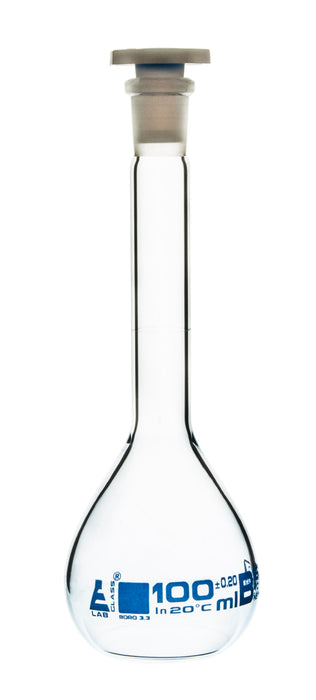 Volumetric Flask, 100ml - Class B - 14/23 Polyethylene Stopper, Borosilicate Glass - Blue Graduation, Tolerance ±0.200 - Eisco Labs