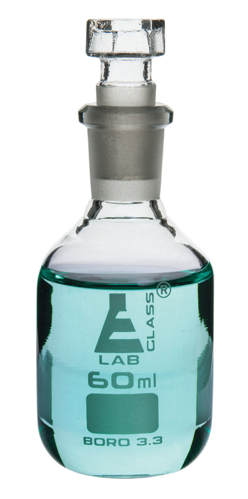 Reagent Bottle, Borosilicate Glass, Narrow Mouth with Interchangeable Hexagonal hollow glass Stopper - 60ml - Eisco Labs