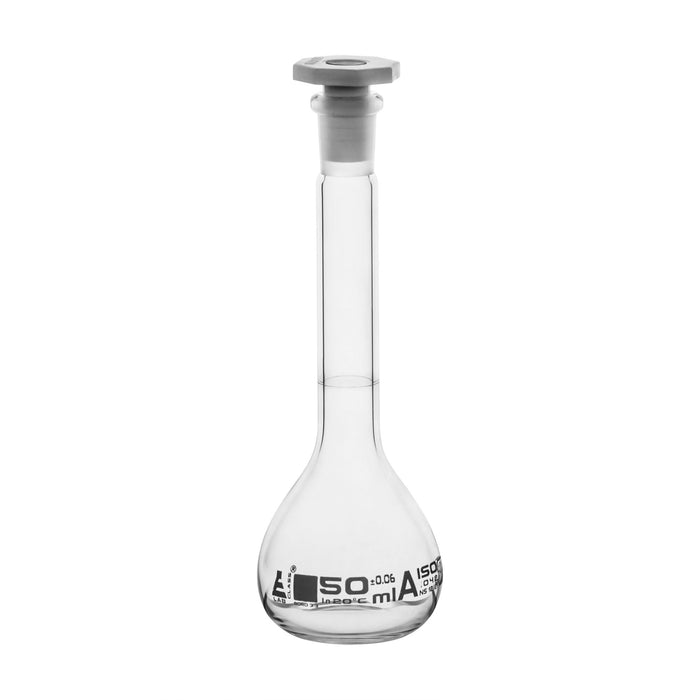 Volumetric Flask, 50ml - Class A - 12/21 Polyethylene Stopper, Borosilicate Glass - White Graduation, Tolerance ±0.060 - Eisco Labs