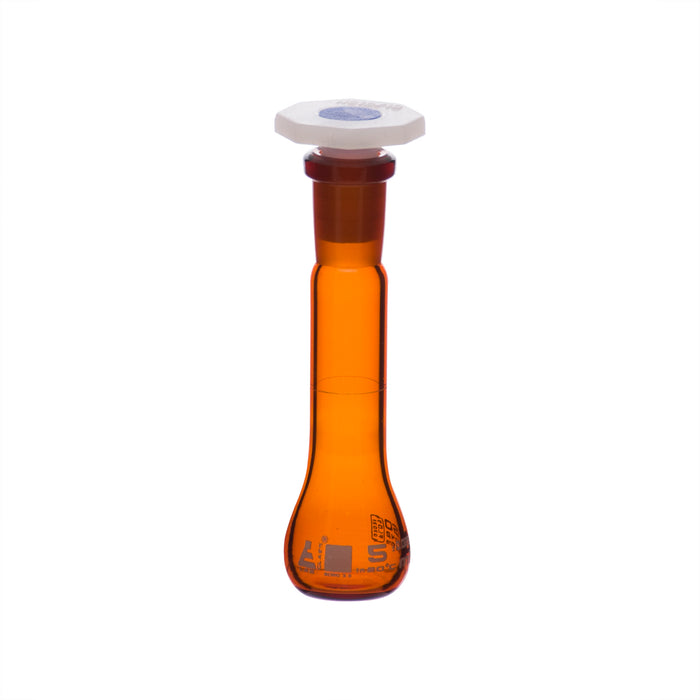 Volumetric Flask, 5ml - Class A - 10/19 Polypropylene Stopper, Borosilicate Glass, Amber - White Graduation Mark, Tolerance ±0.025 ml - Eisco Labs