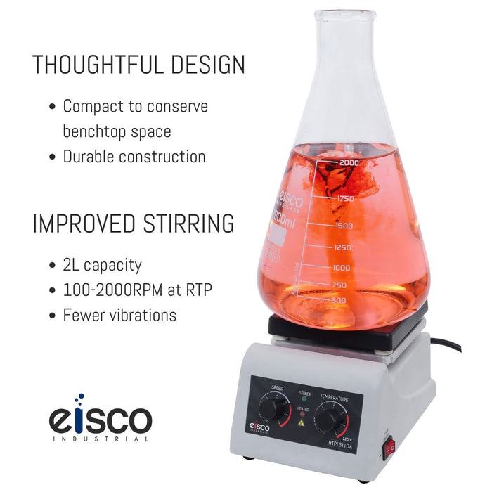 Eisco Endurance Hot Plate Stirrer - 250W Lab Heating & Magnetic Stirring, Up to 320°C, 100-2000 RPM, Teflon-Coated Plate, 2L Capacity