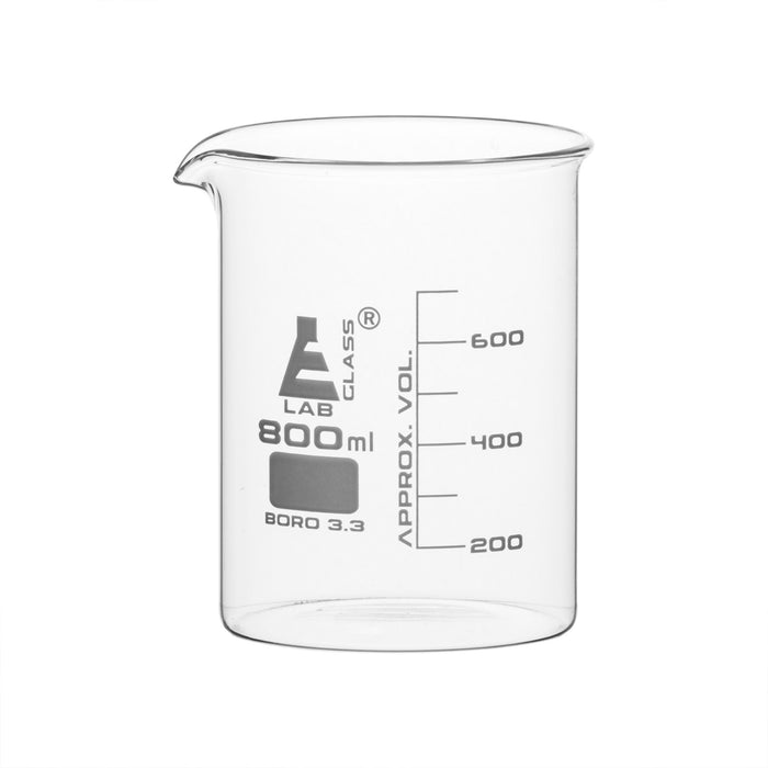 Beaker, 800ml - Low Form - 100ml Graduations - Borosilicate Glass