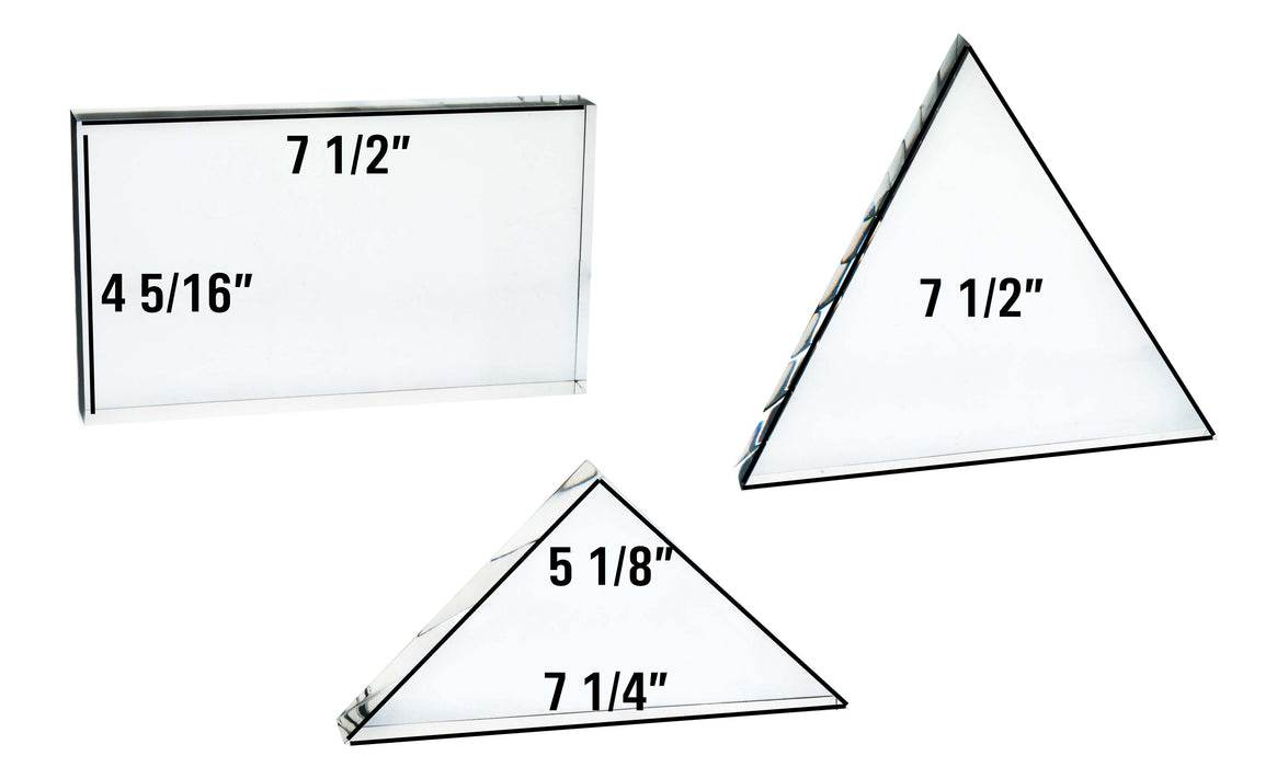 Set 3 Large Acrylic Blocks for Light and Prism Demonstrations - Rectangle (7.5"x4.3"), Equilateral Triangle (7.5"), Right Isosceles Triangle (7.25" x 5.1") - All 0.91"/23mm Thick