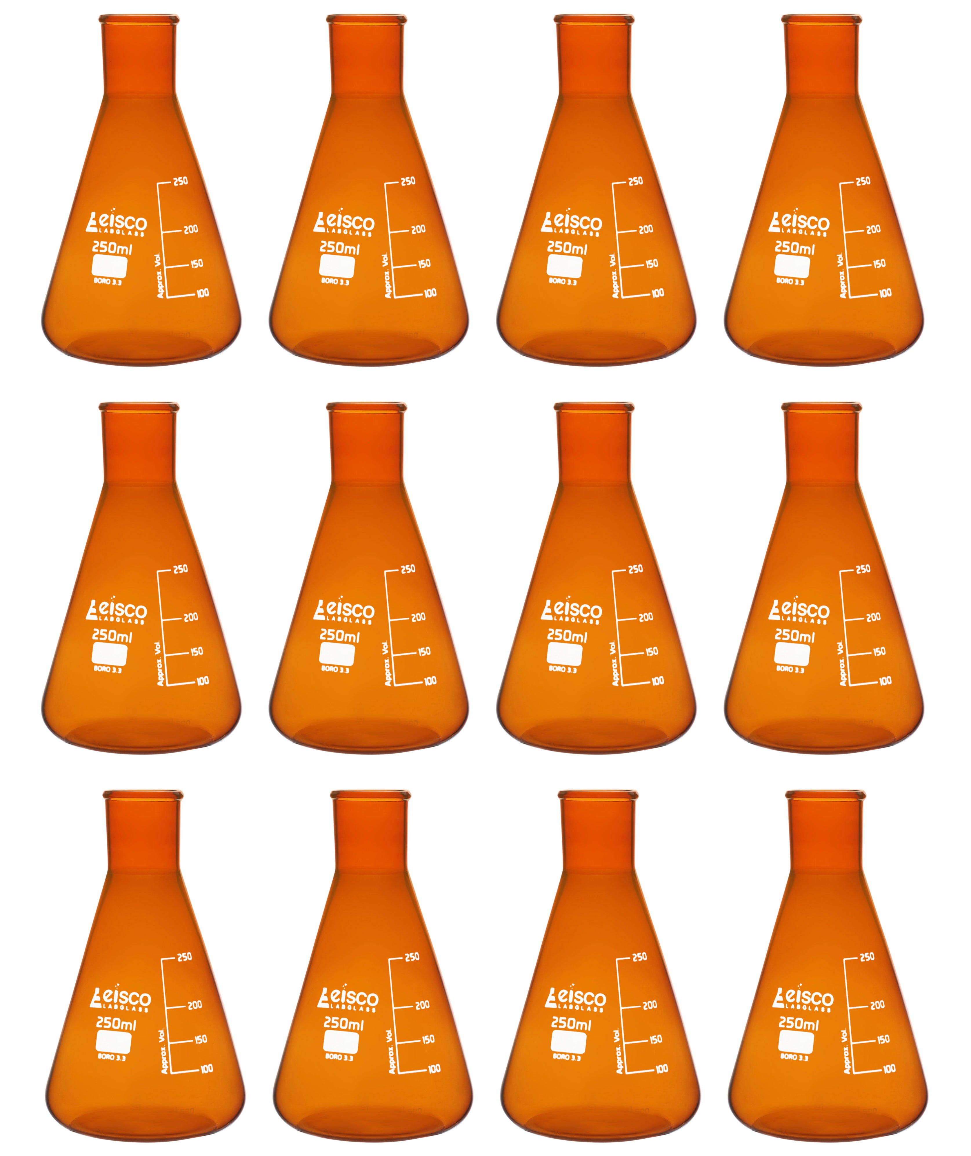 12PK Erlenmeyer Flask, Amber, 250mL Narrow Neck Borosilicate Glass