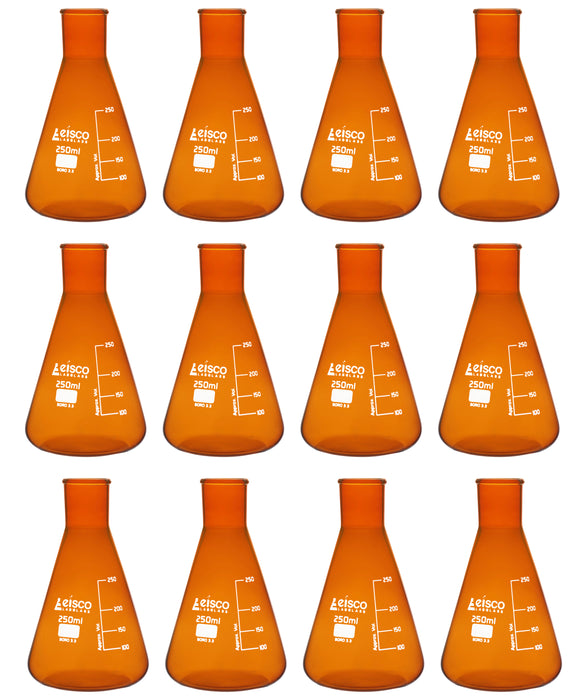 12PK Erlenmeyer Flask, Amber, 250mL - Narrow Neck - Borosilicate Glass