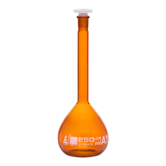 Volumetric Flask, 250ml - Class A - 14/23 Polypropylene Stopper, Borosilicate Glass, Amber - White Graduation Mark, Tolerance ±0.150 ml - Eisco Labs