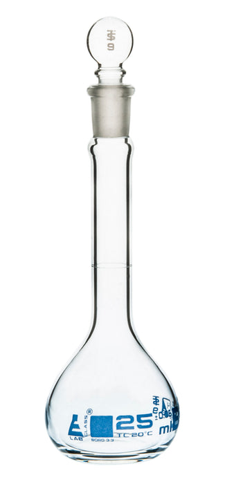 Volumetric Flask, 25ml - Class B, ASTM - Tolerance ±0.060 ml - Glass Stopper -  Single, Blue Graduation - Eisco Labs