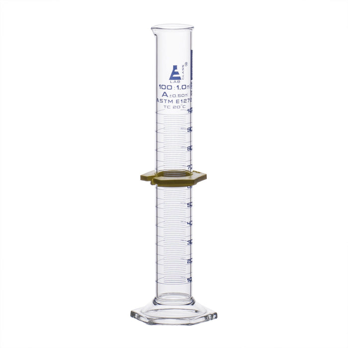 Graduated Cylinder, 100mL - ASTM Class A - Protective Collar - Hexagonal Base - Blue Graduations - With Individual Work Certificate - Borosilicate Glass