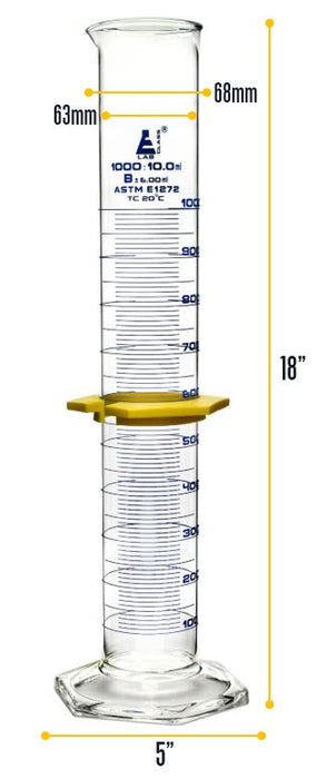 Graduated Cylinder, 1000mL - ASTM Class B - Protective Collar, Hexagonal Base - Blue Graduations - Borosilicate Glass