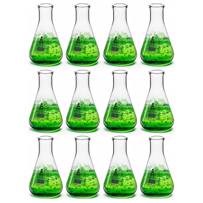 12PK Erlenmeyer Flasks, 100mL - Narrow Neck - Borosilicate Glass