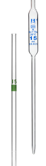 Volumetric Pipette, 15mL - Class A - Green Coded - Blue Graduation - Borosilicate Glass
