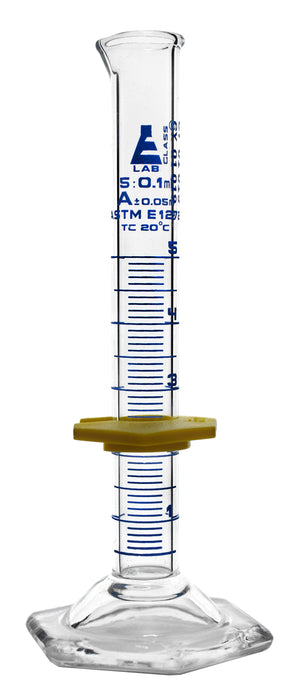 Graduated Cylinder, 5mL - ASTM Class A - Protective Collar, Hexagonal Base - Blue Graduations - Borosilicate Glass