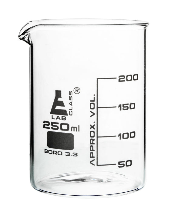 12PK Beakers, 250ml - Low Form - 50ml Graduations - Borosilicate Glass