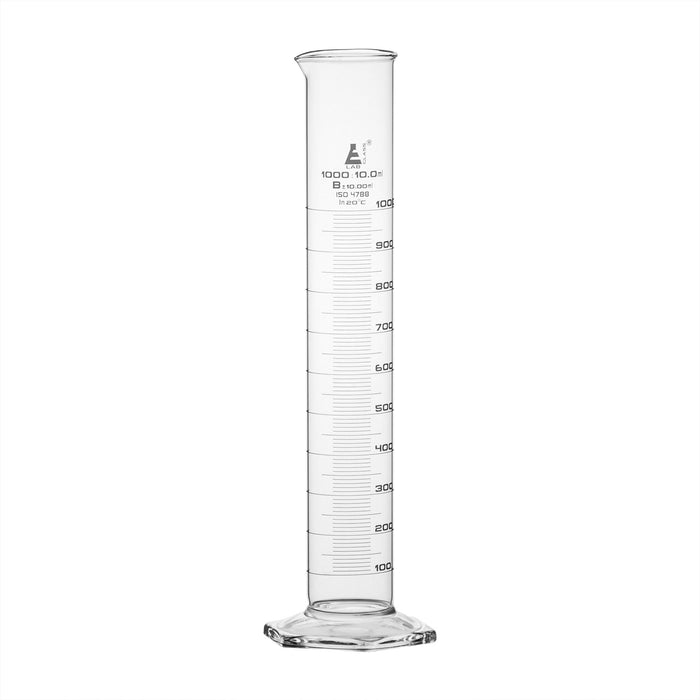 Graduated Cylinder, 1000ml - Class B - White Graduations, Hexagonal Base