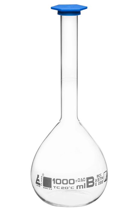 Volumetric Flask, 1000ml - Class B, ASTM - Snap Cap - White Graduation Mark, Tolerance ±0.600ml - Eisco Labs