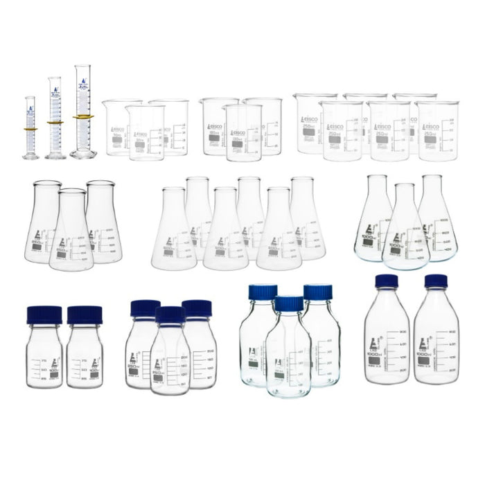 Eisco Labs - 37 Piece Lab Starter Kit - Borosilicate Glass Beakers, Reagent Bottles, Graduated Cylinders, Conical Flasks - Autoclavable & Reusable Labware for Science Labs, Chemistry, Biology, Educational Use