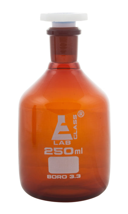 Eisco Labs 250ml Amber Reagent Bottle , Narrow Mouth with Acid Proof Polypropylene stopper, socket size 19/26