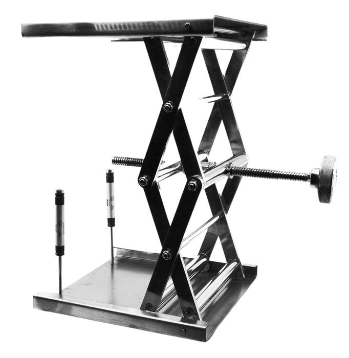 Laboratory and Fabrication Scissor Jack, Extendable with Hand Crank and Rubber Feet - Full Extension: 18 Inches - Rust-Resistant Stainless Steel - Premium Quality - Eisco Labs