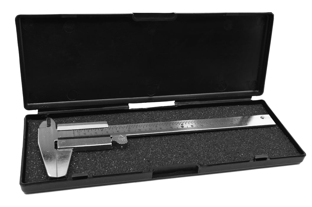 Venier Caliper, Dual Scale 0-15cm x 0.1mm / 6 x 1/128", IME Type - Plated Steel - Thumb Movement for Easy Motion of Jaws - Eisco Labs