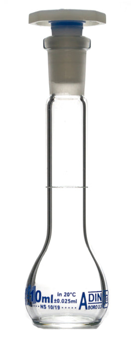 Volumetric Flask, 10ml - Class A - 10/19 Polyethylene Stopper, Borosilicate Glass - Blue Graduation, Tolerance ±0.025 - Eisco Labs
