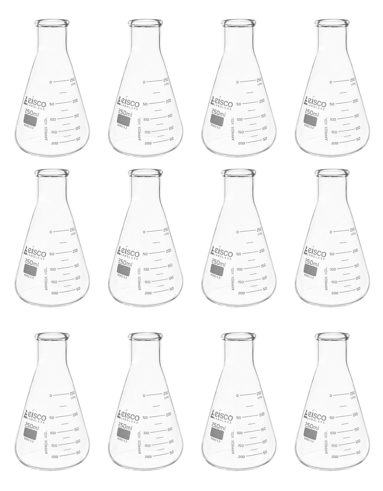12PK Erlenmeyer Flasks, 250mL - ASTM, Dual Graduated Scale - Borosilicate Glass