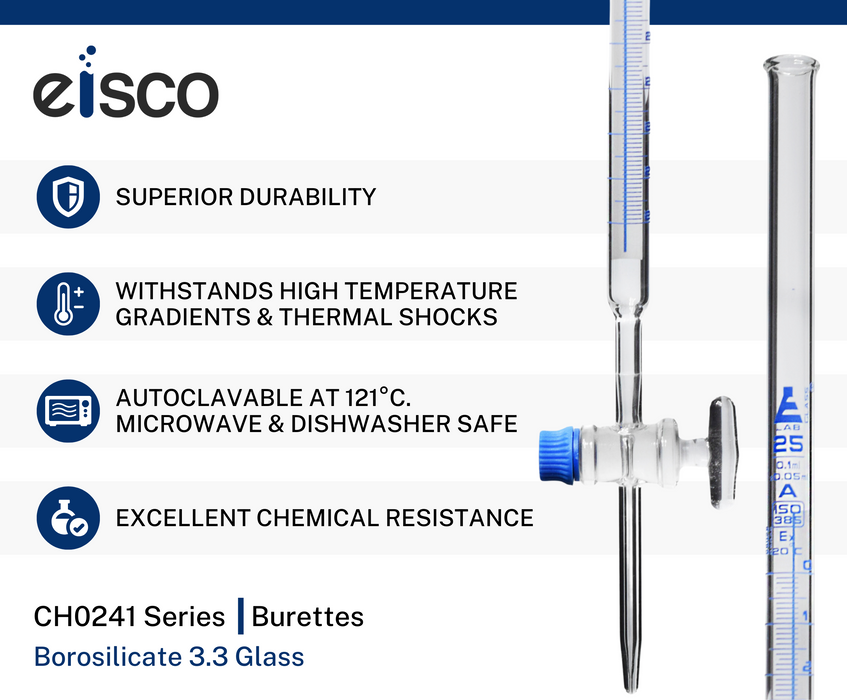 Schellbach Burette, 25mL - Class A - Glass Stopcock - Blue Graduations - Borosilicate Glass