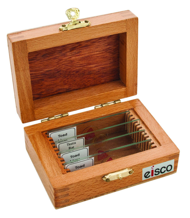 Wooden Slide Box for 12 Slides with Latch, Fits 75x25mm Slides - Eisco Labs