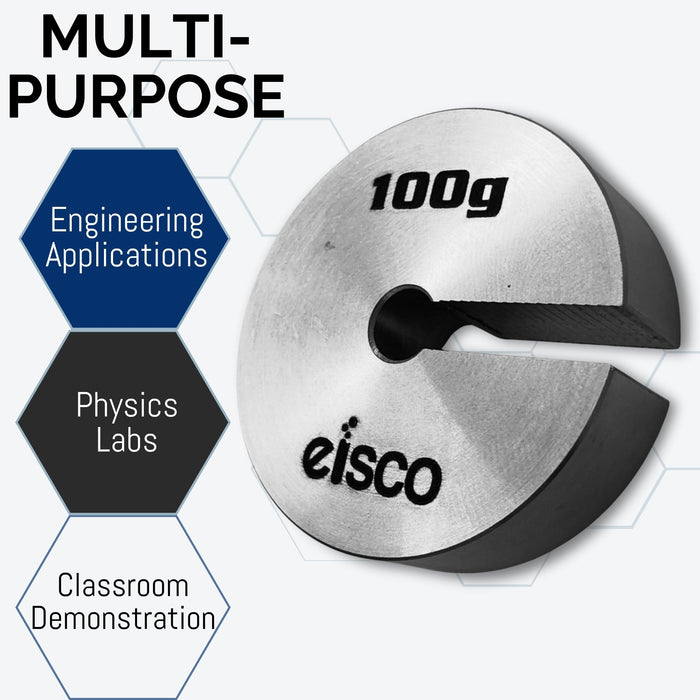 Eisco Labs - 100g Stainless Steel Slotted Mass – Durable Precision Weight with 1.5" Outer Diameter, Slotted for Lab, Physics & Educational Use, Single Use