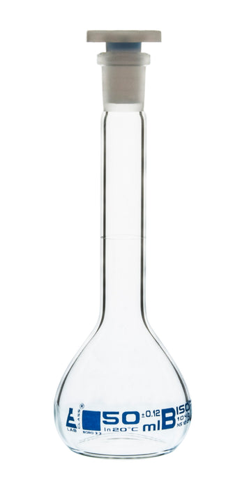 Volumetric Flask, 50ml - Class B - 12/21 Polyethylene Stopper, Borosilicate Glass - Blue Graduation, Tolerance ±0.120 - Eisco Labs