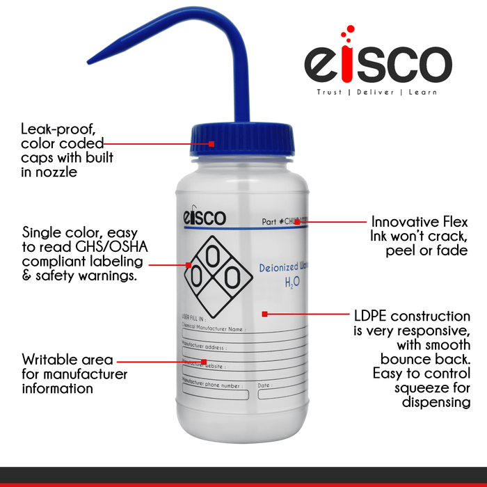 Performance Plastic Wash Bottle, Deionized Water, 500 ml - Labeled (2 Color)