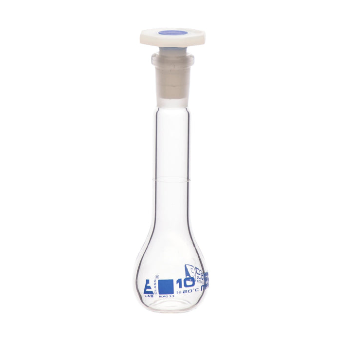 Volumetric Flask, 10ml - Class B - 10/19 Polyethylene Stopper, Borosilicate Glass - Blue Graduation, Tolerance ±0.050 - Eisco Labs