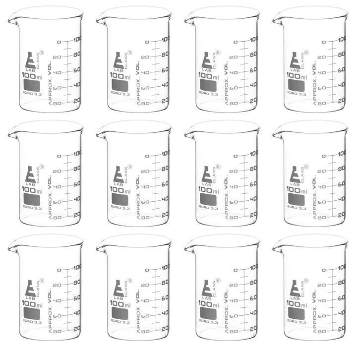 12PK Beakers, 100ml - ASTM - Low Form, Dual Scale Graduations - Borosilicate Glass