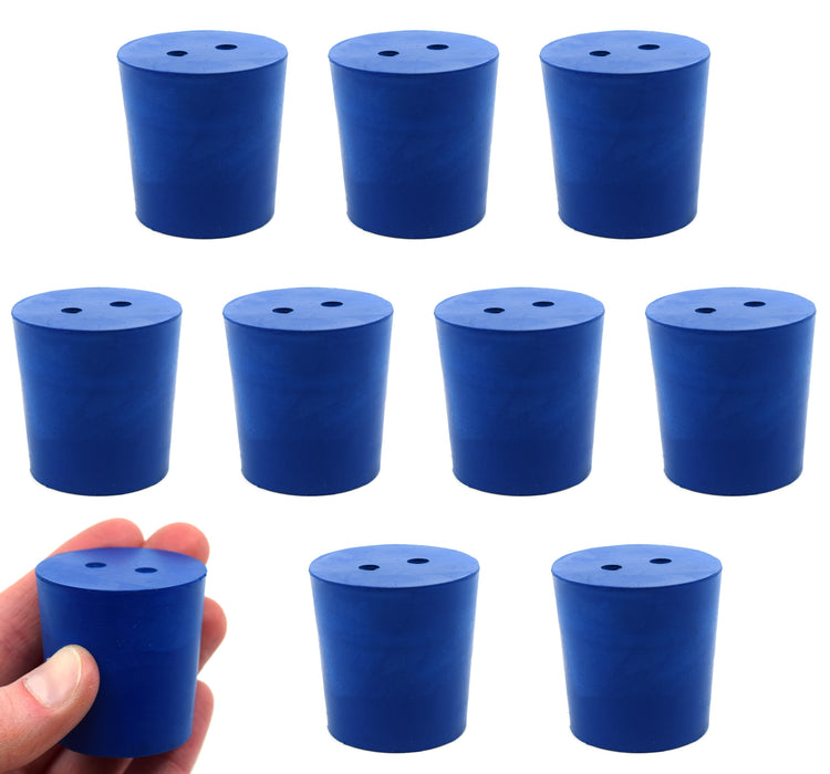 Neoprene Stoppers, 2 Holes - Blue - Size: 33mm Bottom, 38mm Top, 38mm Length - Pack of 10