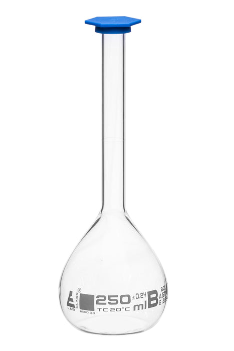 Volumetric Flask, 250ml - Class B, ASTM - Snap Cap - White Graduation Mark, Tolerance ±0.240ml - Eisco Labs