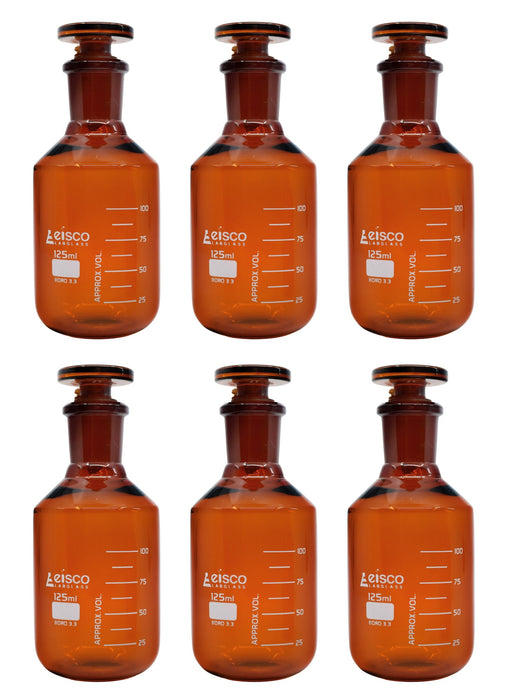 6PK Reagent Bottles, Amber, 125mL - Graduated - Narrow Mouth with Solid Glass Stopper - Borosilicate Glass