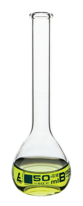 Volumetric Flask, 50ml - Class B - Borosilicate Glass - Blue Graduation, Tolerance ±0.120 - No Stopper, Beaded Rim - Eisco Labs