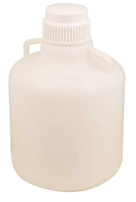 10 Liter (2.6 Gallon) Carboy Jug with Gasket Cap, White Premium Polypropylene with 2 Handles, 15" H - 10" D with 2 5/8" Opening - Eisco Labs