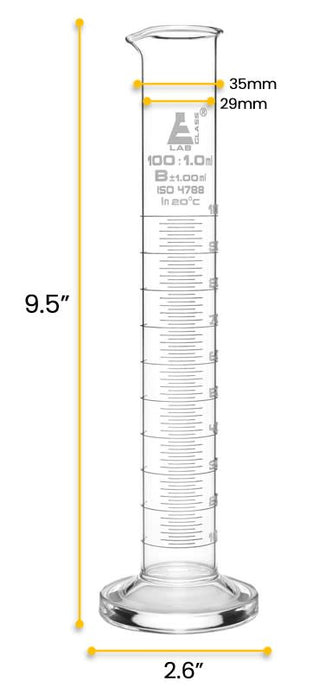 Graduated Cylinder, 100mL - Class B - Round Base - White Graduations - Borosilicate Glass