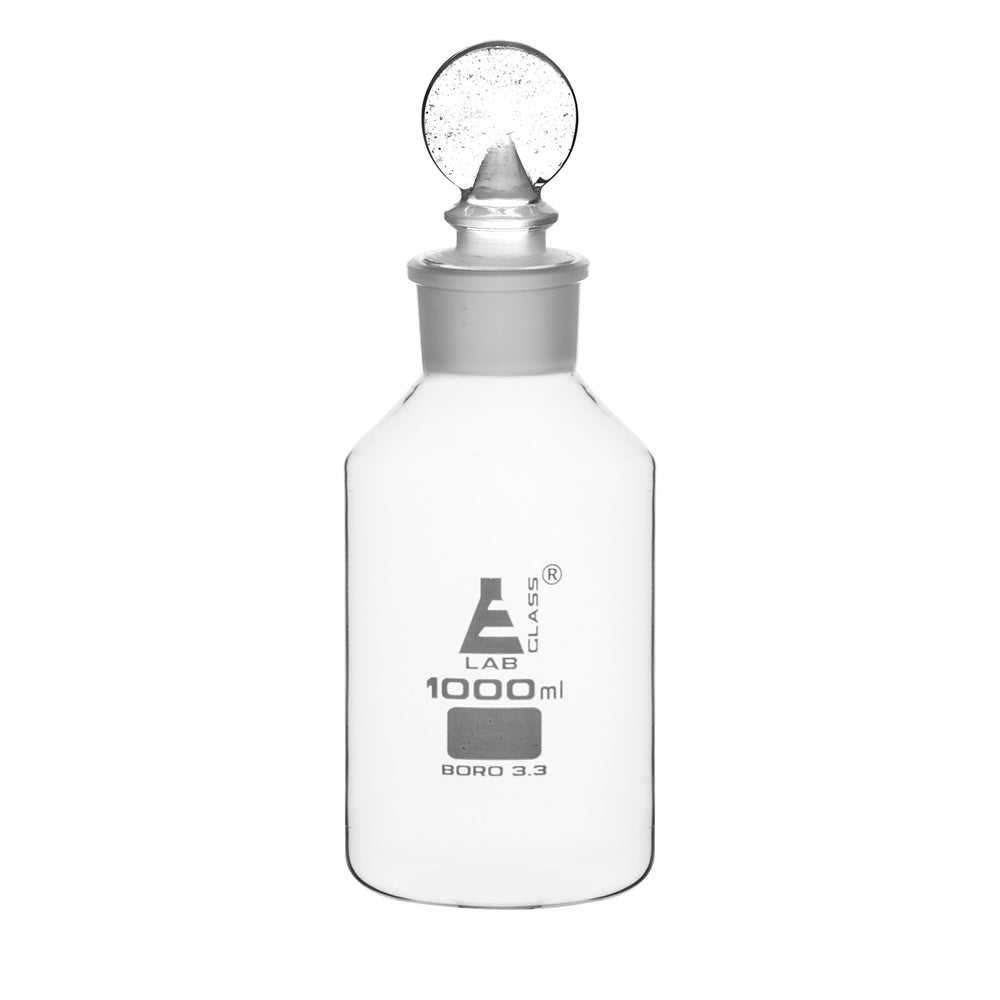 Reagent Bottle, 1000ml - Wide Mouth and Glass Penny Stopper - Borosilicate 3.3 Glass - Eisco Labs
