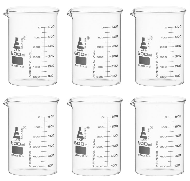 6PK Beakers, 600ml - ASTM - Low Form, Dual Scale Graduations - Borosilicate Glass