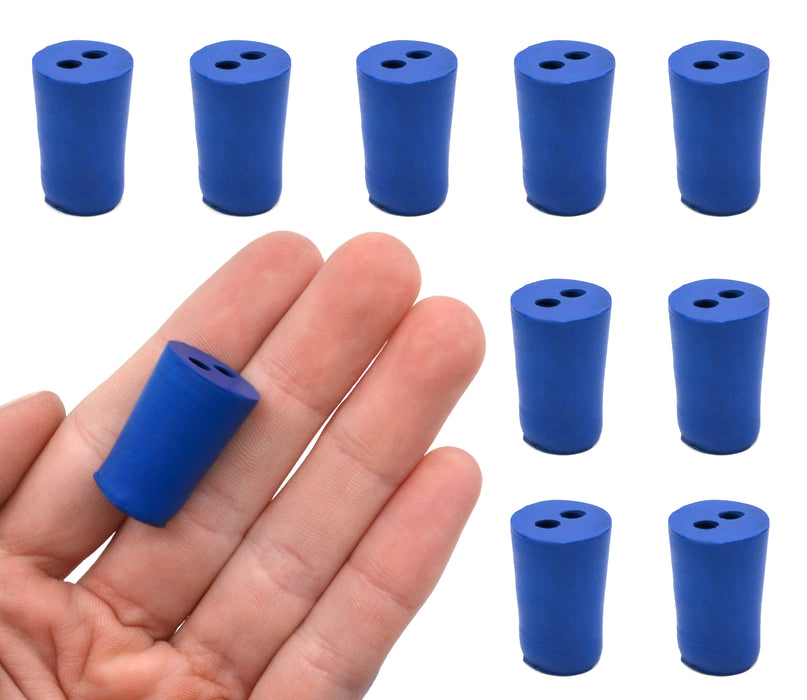 Neoprene Stoppers, 2 Holes - Blue - Size: 13mm Bottom, 16mm Top, 24mm Length - Pack of 10