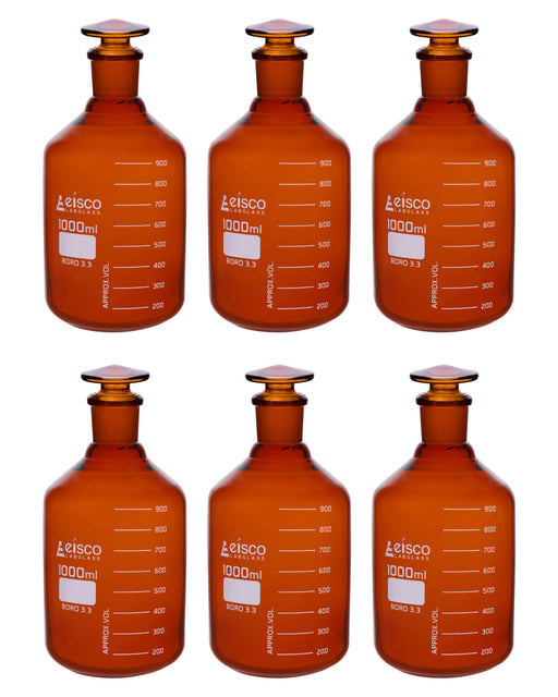 6PK Reagent Bottles, Amber, 1000mL - Graduated - Narrow Mouth with Solid Glass Stopper - Borosilicate Glass