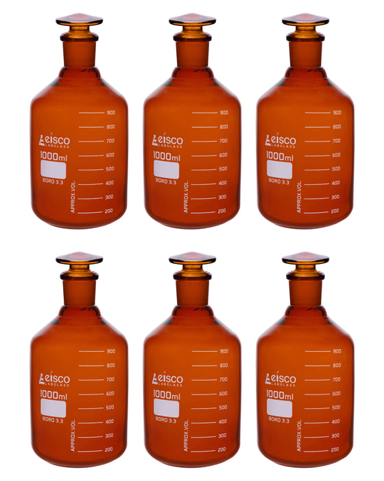 6PK Reagent Bottles, Amber, 1000mL - Graduated - Narrow Mouth with Solid Glass Stopper - Borosilicate Glass