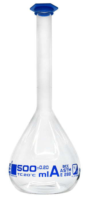 Volumetric Flask, 500ml - Class A, ASTM - Snap Cap - Blue Graduation Mark, Tolerance ±0.200ml - Eisco Labs