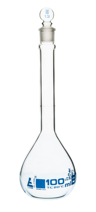 Volumetric Flask, 100ml - Class B, ASTM - Tolerance ±0.160 ml - Glass Stopper -  Single, Blue Graduation - Eisco Labs
