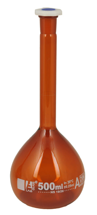 Volumetric Flask, 500ml - Class A - 19/26 Polypropylene Stopper, Borosilicate Glass, Amber - White Graduation Mark, Tolerance ±0.250 ml - Eisco Labs