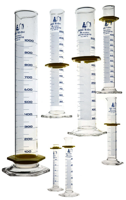Graduated Cylinders 7 Piece Set - ASTM Class A - 10mL, 25mL, 50mL, 100mL, 250mL, 500mL & 1000mL - Protective Collars, Hexagonal Base - Blue Graduations - Borosilicate Glass